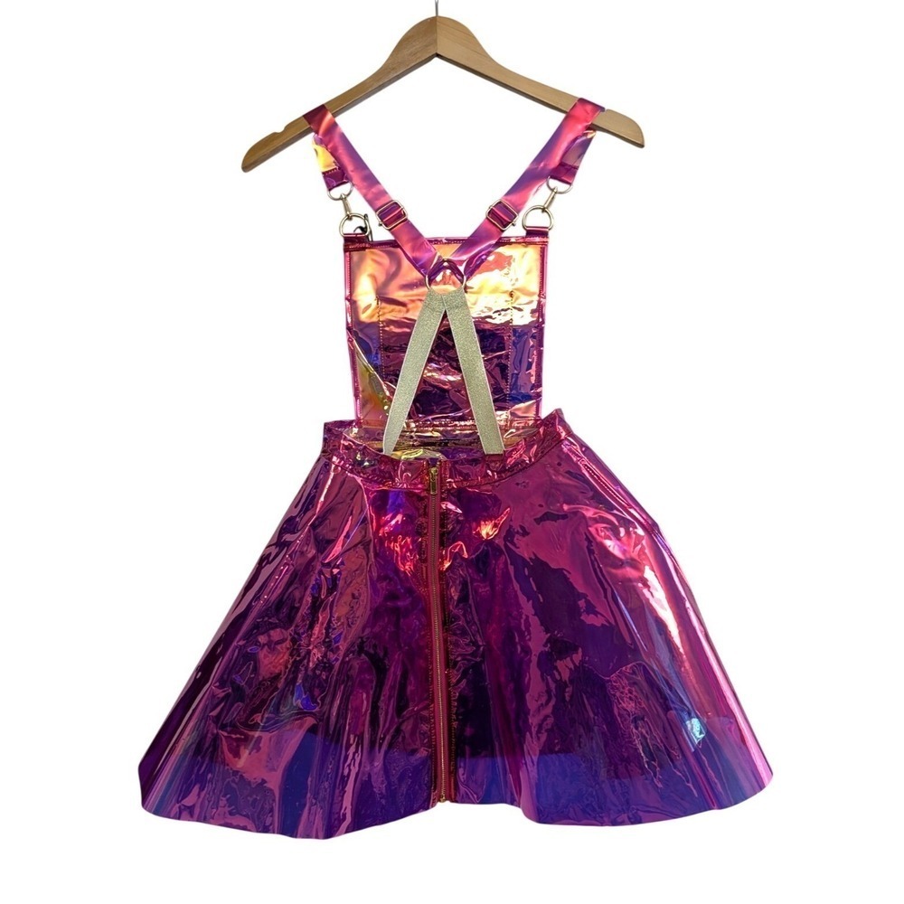 Dolls Kill Club Exx Holographic Overall Dress Womens S Pink Rave Party Cyberpunk - Picture 2 of 9